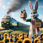 DALL·E 2024-03-16 22.53.25 - Envision a scene filled with hope and support, where an Easter bunny, alongside delivering a Taurus armored train to Ukraine, also brings beer, symbol.webp